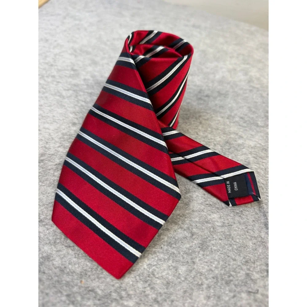 Nautica Mens Red Navy Blue White Striped Silk Necktie RN 121146
